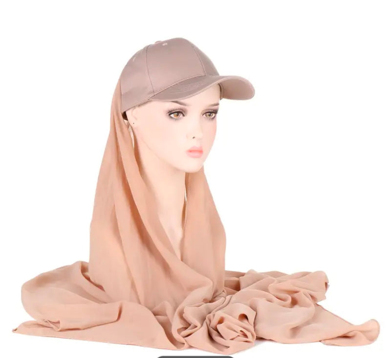 Muslim Hijab for Women Baseball Cap & Scarf 2-in-1 Head Scarf Wrap Shawl Head Covering Turban Hat Beanie