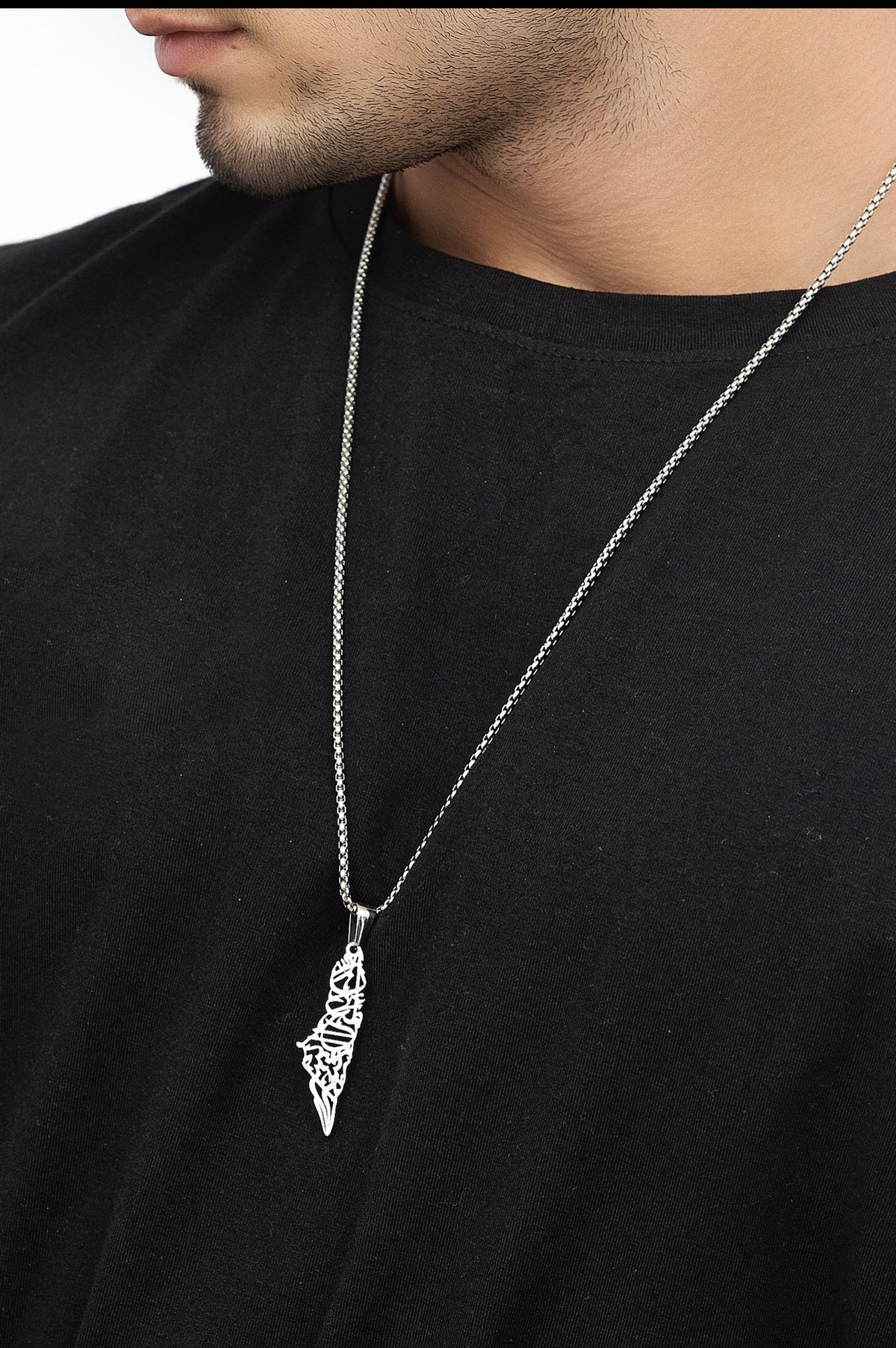Palestine Map Pendant Necklace – Stainless Steel Geometric Pattern Fashion Jewelry, Hip Hop Style Chain (50cm)